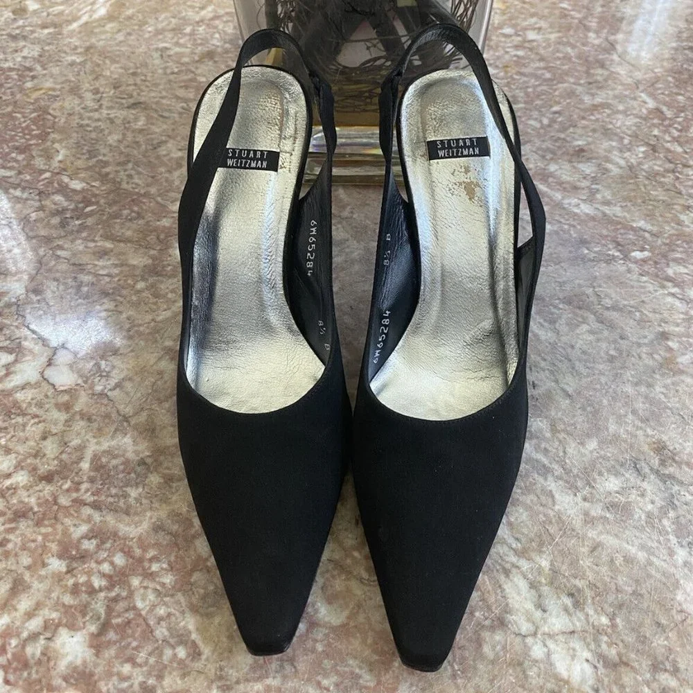 STUART WEITZMAN Black Satin Slingback Rhinestone Heel Pumps shoe stylish